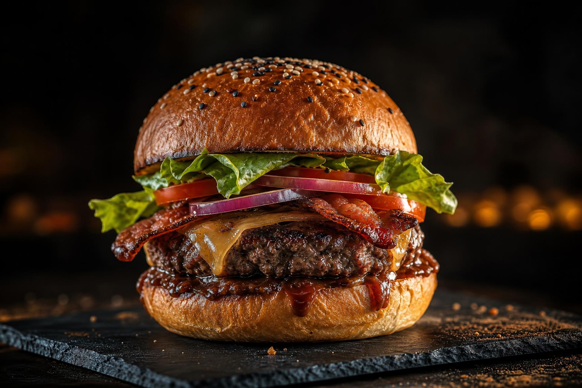 A stacked craft burger on a dark slate plate with warm golden-hour lighting