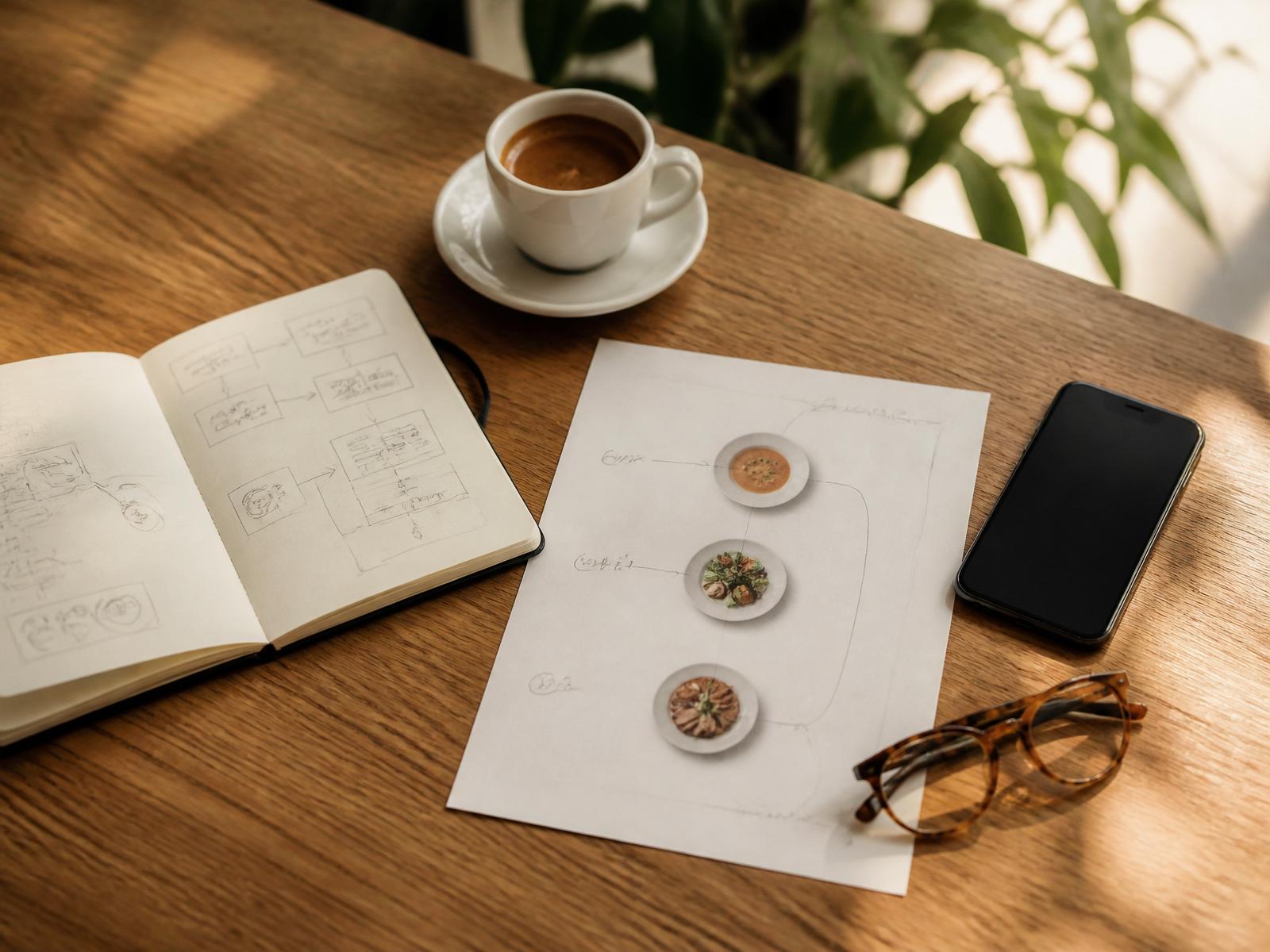 Overhead flat lay of a menu-flow notebook, printed menu, espresso, and a phone on a warm oak table lit by morning sun.