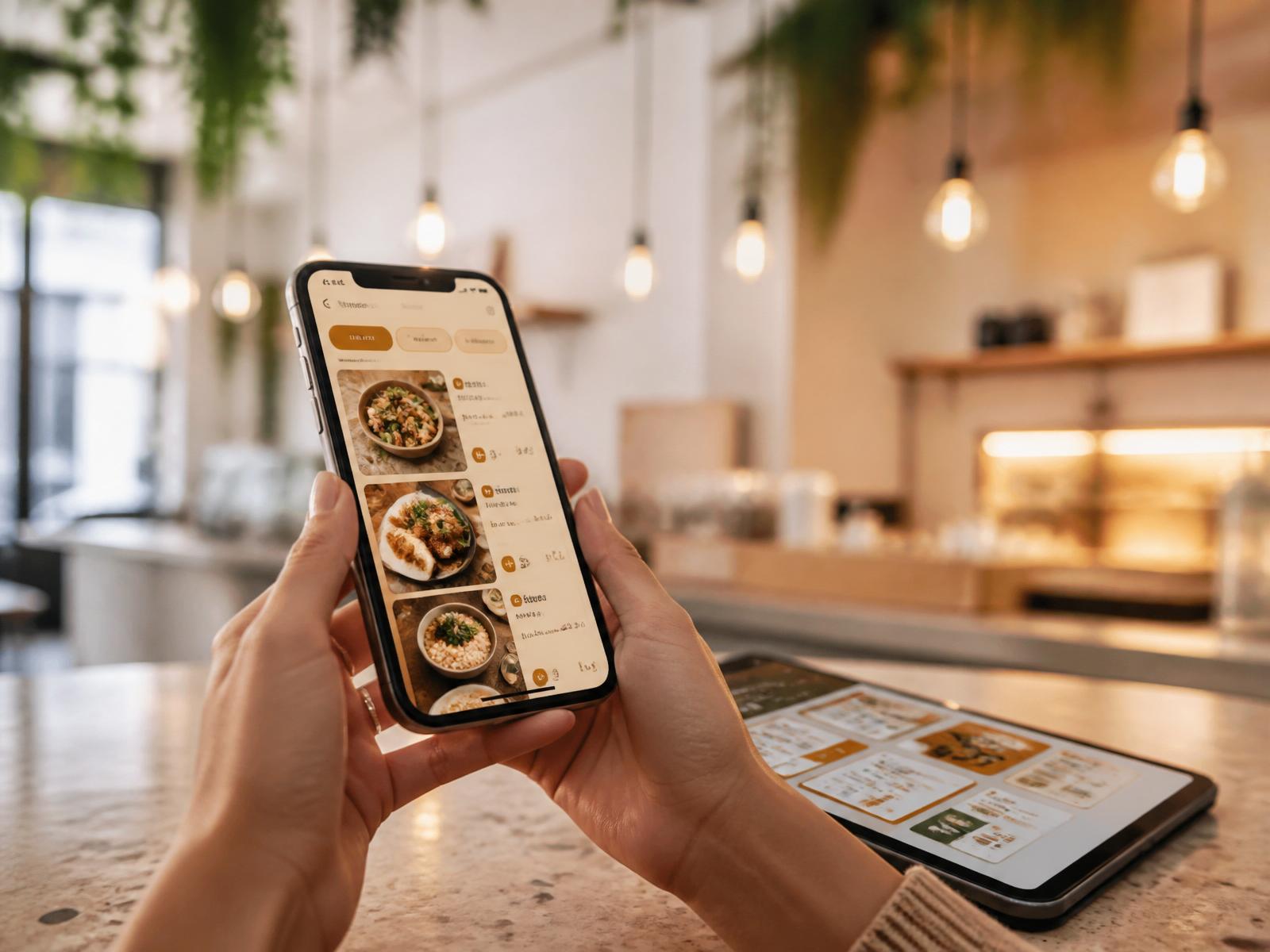 Hands holding a phone showing a warm-toned ordering app inside a bright plant-filled café with pendant bulbs overhead.