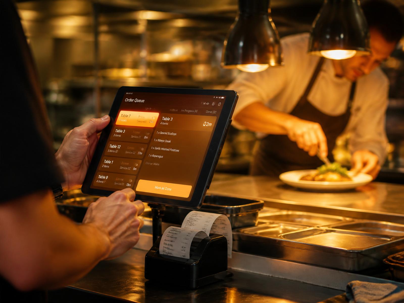 Restaurant pass at golden hour: staff hands on a tablet order queue, receipt printer, and a chef plating in the background.